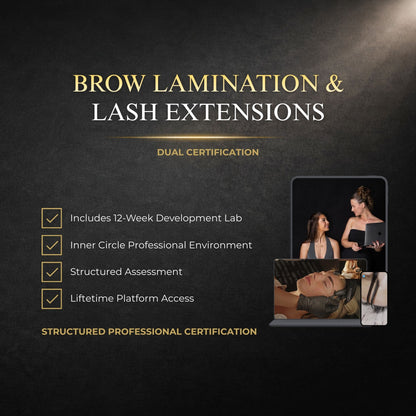 Advertisement for Brow Lamination & Lash Extensions certification with text and images of people working on clients.