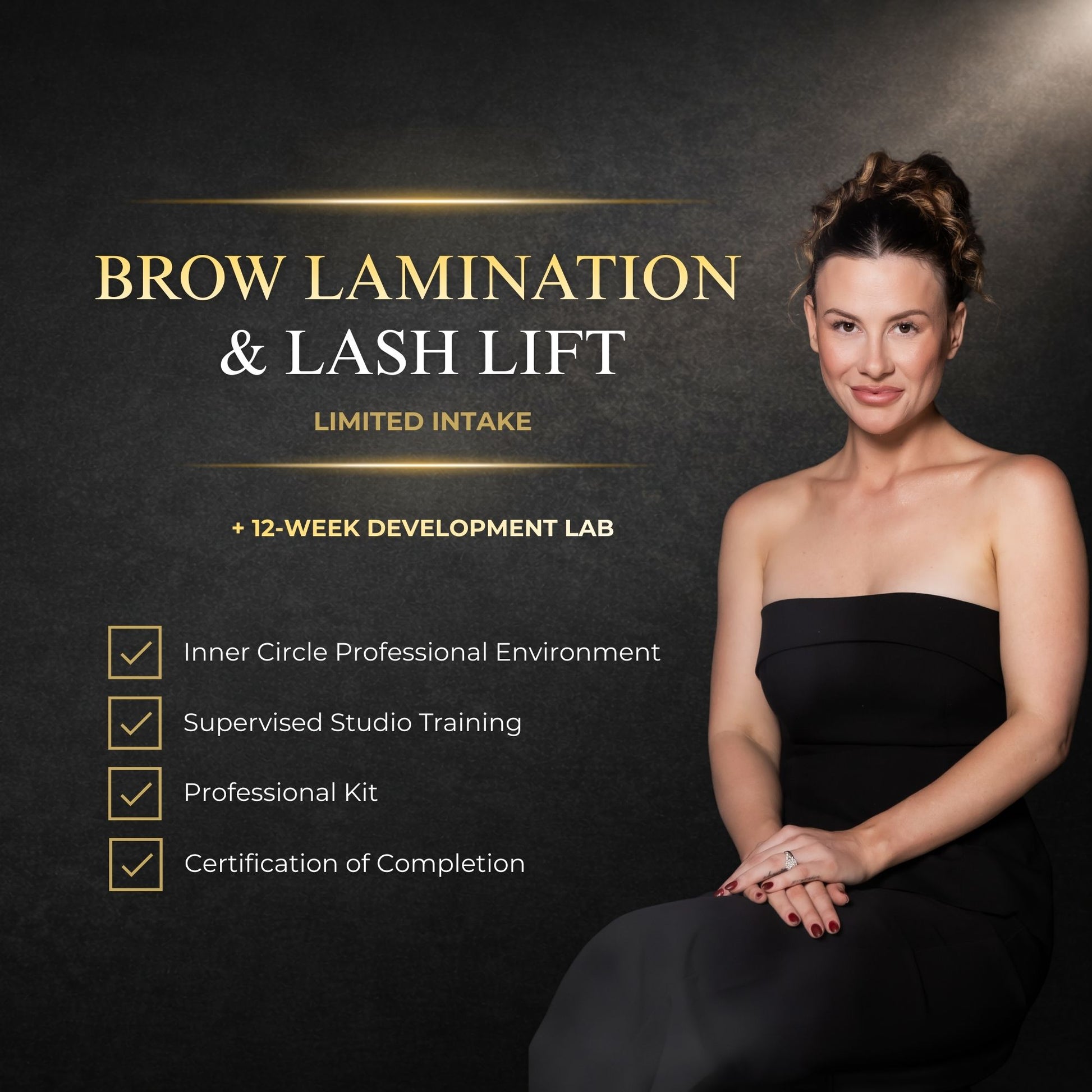 Promotional image for brow lamination and lash lift services with a woman in a black dress on a dark background.