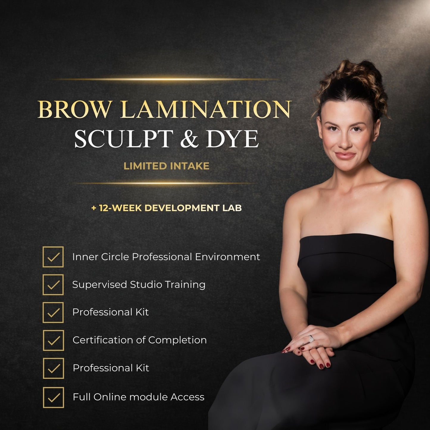 Promotional image for a brow lamination, sculpt, and dye program with a woman in a black dress on a dark background.