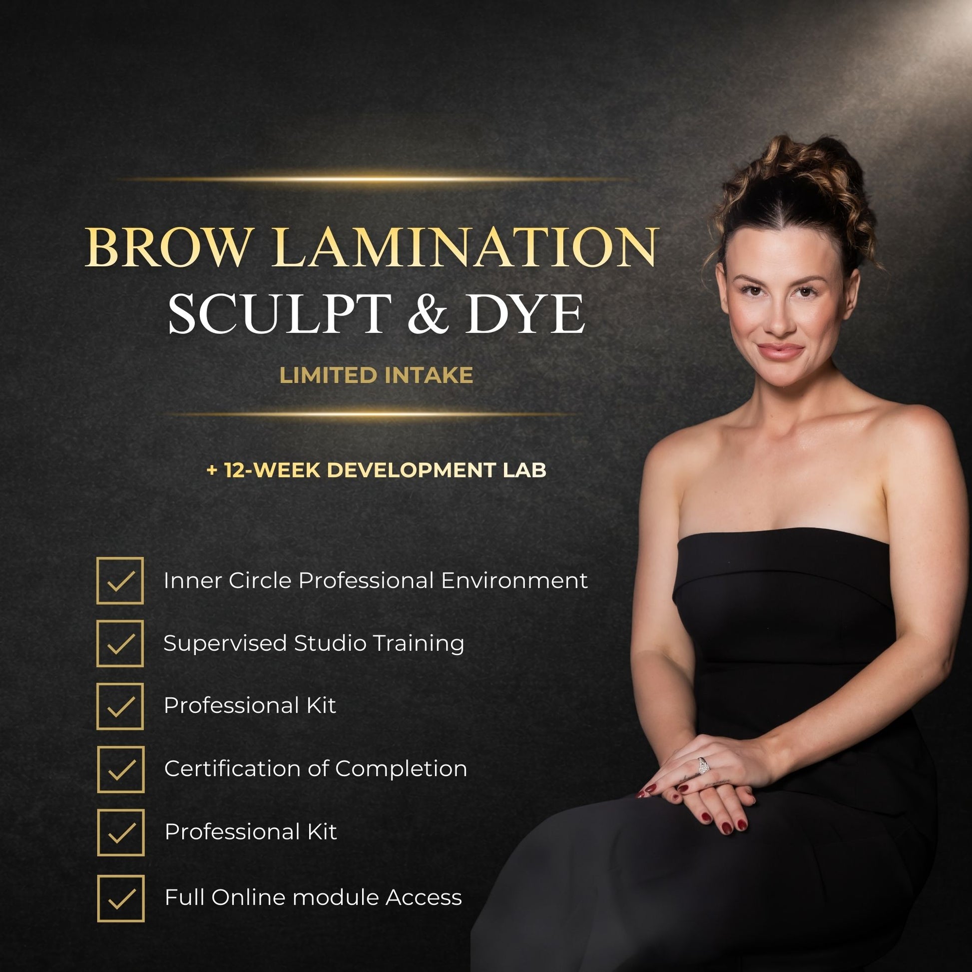 Promotional image for a brow lamination, sculpt, and dye program with a woman in a black dress on a dark background.