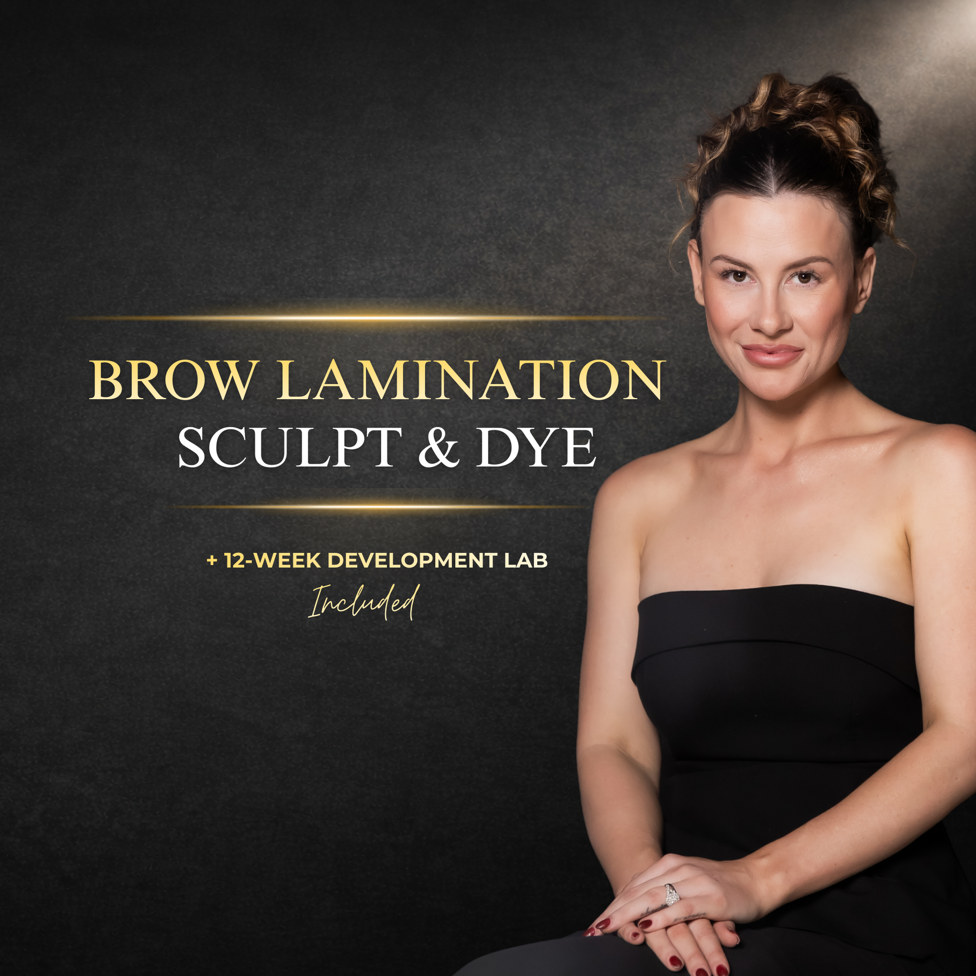 Woman in a black dress with text about brow lamination services on a dark background