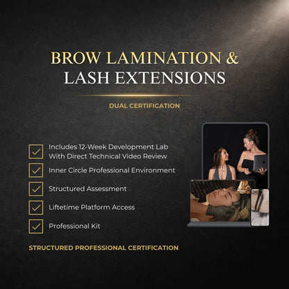 Advertisement for Brow Lamination & Lash Extensions dual certification program with text and images of people working on clients.