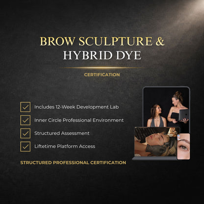 Advertisement for Brow Sculpture & Hybrid Dye certification with text and images of people and a laptop.