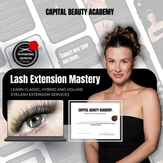 Eyelash extensions online training course cover by Capital Beauty Academy
