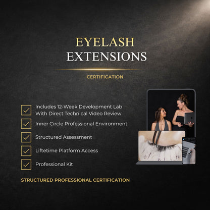 Advertisement for eyelash extensions certification program with a dark background and text details.
