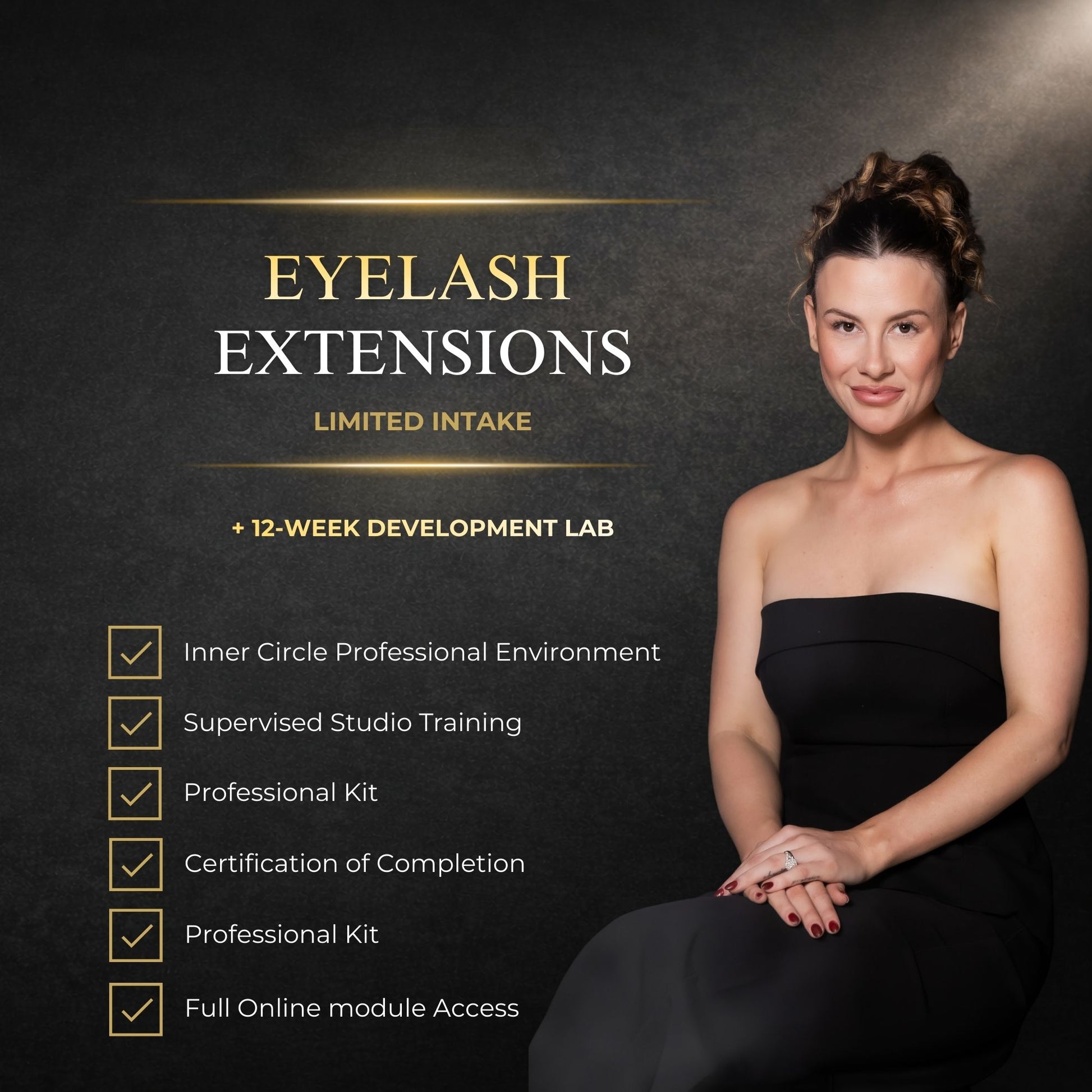 Promotional image for eyelash extensions program with a woman in a black dress against a dark background.
