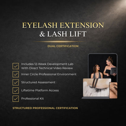 Advertisement for eyelash extension and lash lift dual certification program with text and images of people working on lashes.