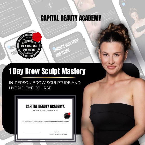 Advertisement for Capital Beauty Academy's 2 Day Lash Extension Mastery course with a woman in a black dress and a certificate.