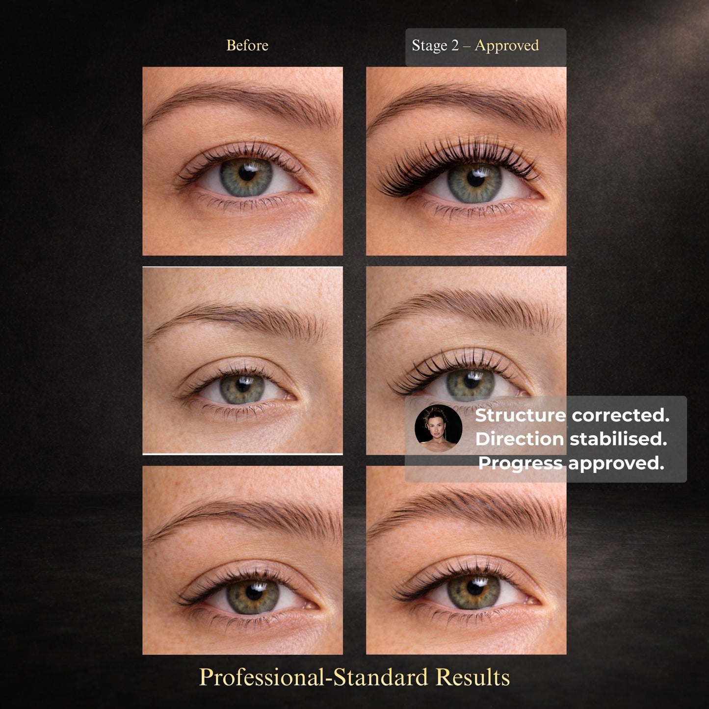 Before and after comparison of eye makeup correction with text indicating 'Stage 2 - Approved' and 'Professional Standard Results'.