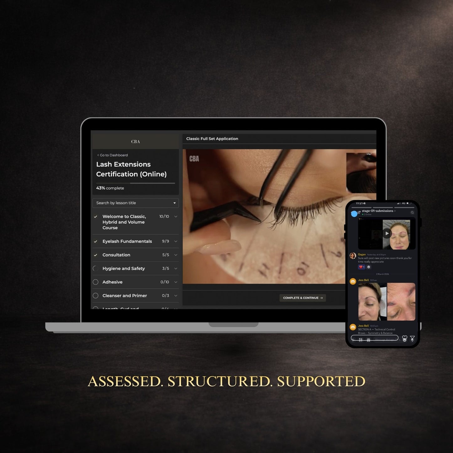 Laptop and smartphone displaying lash extensions certification course on a dark background