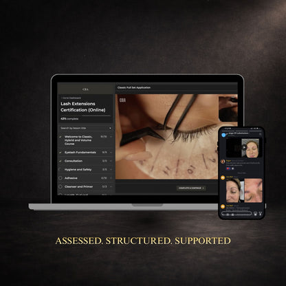 Laptop and smartphone displaying lash extensions certification course on a dark background